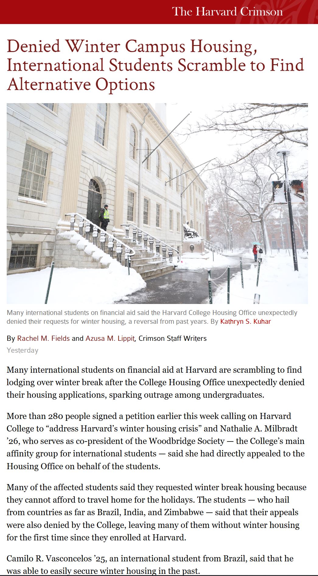 harvard international students on financial aid denied housing during winter